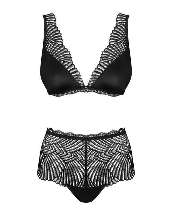 Schwarzes Set Klarita aus Effektspitze mit Soft-BH und High-Waist-Slip von Obsessive – Ansicht 3