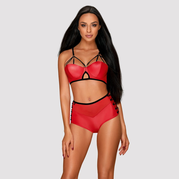Rotes Set Leatheria im Wetlook mit schwarzen Kontrasten und Powernet von Obsessive