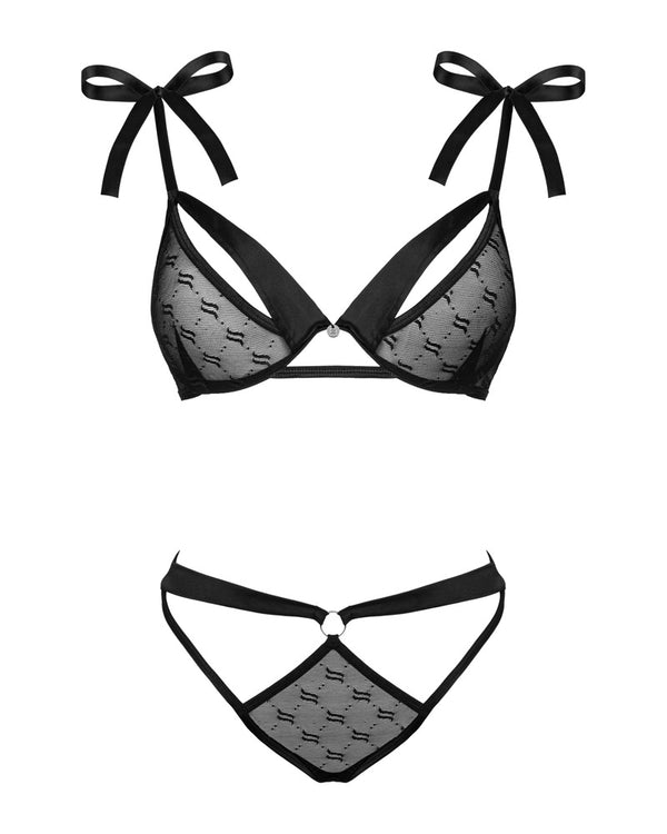 Schwarzes sinnliches Dessous Set aus besticktem Stretchtüll von Obsessive – Ansicht 3