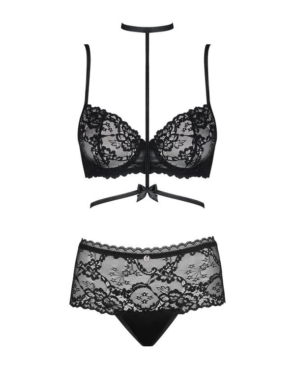 Schwarzes 3-teiliges Set Raquelia aus Blütenspitze mit Brustharness von Obsessive – Ansicht 3