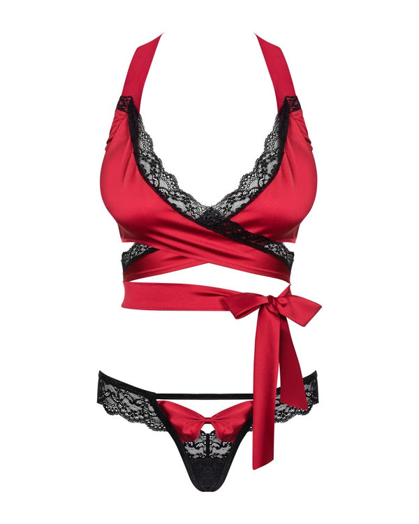 Rotes Set Sensuelia aus Stretchsatin und Spitze mit Wickel-Top und String von Obsessive – Ansicht 3