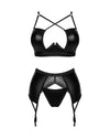Schwarzes 3-teiliges Set Norides im Wetlook mit Strapsgurt und String von Obsessive – Ansicht 3