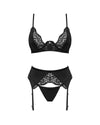 Schwarzes 3-teiliges Set Bellastia aus Blütenspitze mit Strapsgurt und String von Obsessive – Ansicht 3