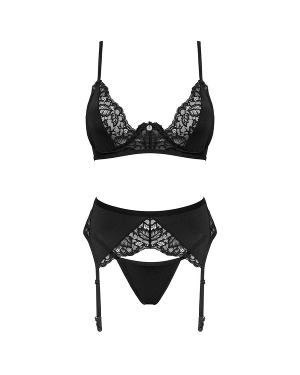 Schwarzes 3-teiliges Set Bellastia aus Blütenspitze mit Strapsgurt und String von Obsessive – Ansicht 3