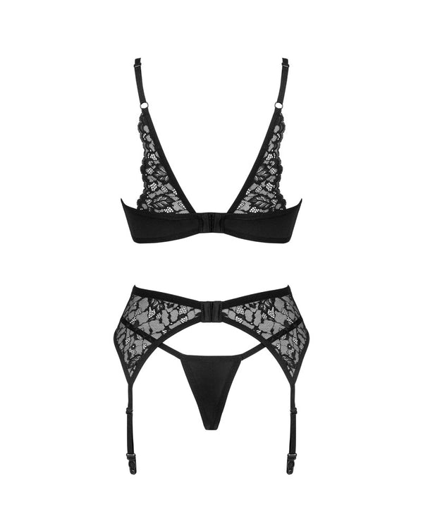 Schwarzes 3-teiliges Set Bellastia aus Blütenspitze mit Strapsgurt und String von Obsessive – Ansicht 4
