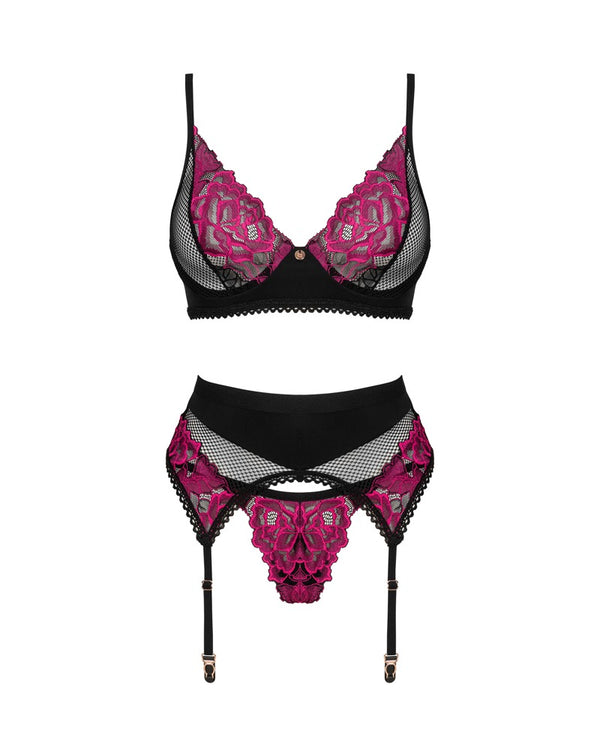 Schwarzes 3-teiliges Straps-Set Rosenty aus Netz mit pinkfarbener Rosenspitze von Obsessive – Ansicht 3