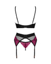 Schwarzes 3-teiliges Straps-Set Rosenty aus Netz mit pinkfarbener Rosenspitze von Obsessive – Ansicht 4