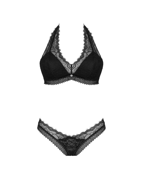 Schwarzes Set Medilla aus Stretchspitzen-Mix mit Bügel-BH und String von Obsessive – Ansicht 3