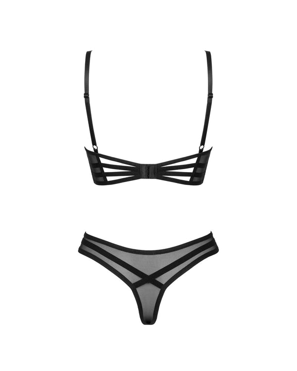 Schwarzes Set Roxelia aus Tüll und Stretchmaterial mit Bügel-BH und Riostring von Obsessive – Ansicht 4