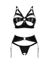 Schwarzes 3-teiliges Set Armares im Wetlook mit Strapsgurt und String ouvert von Obsessive – Ansicht 3