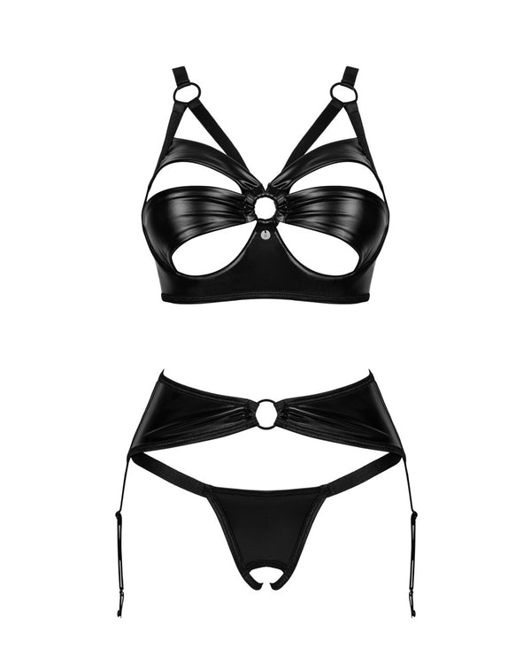 Schwarzes 3-teiliges Set Armares im Wetlook mit Strapsgurt und String ouvert von Obsessive – Ansicht 3