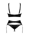 Schwarzes 3-teiliges Set Armares im Wetlook mit Strapsgurt und String ouvert von Obsessive – Ansicht 4