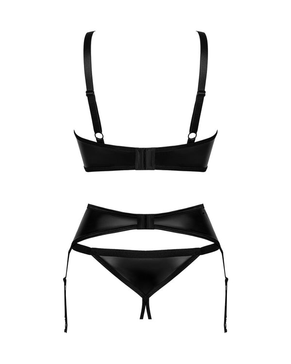 Schwarzes 3-teiliges Set Armares im Wetlook mit Strapsgurt und String ouvert von Obsessive – Ansicht 4
