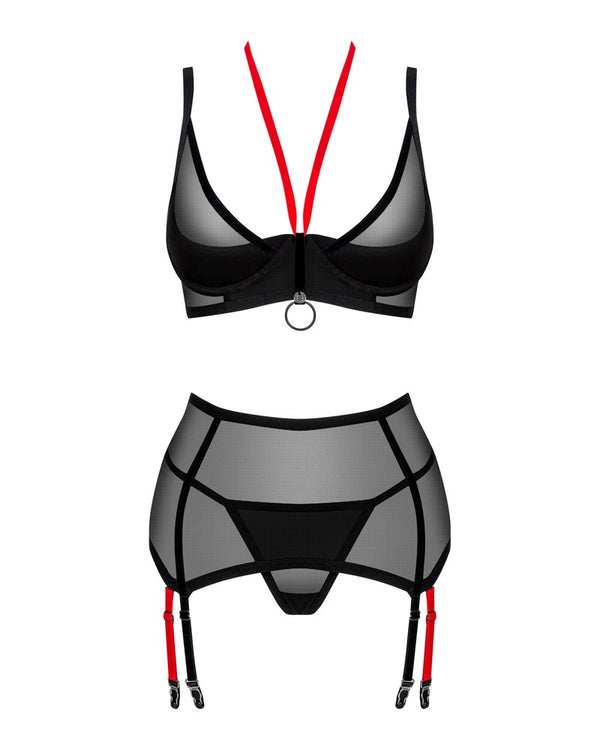 Schwarzes sündiges Straps Dessous Set mit aufregenden roten Akzenten von Obsessive – Ansicht 3