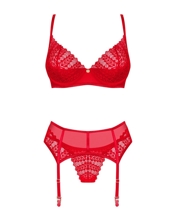 Rotes 3-teiliges Set Ingridia in feiner Transparenz mit Strapsgurt und String von Obsessive – Ansicht 3