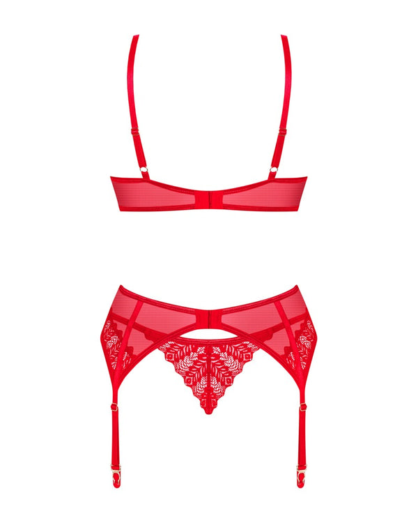 Rotes 3-teiliges Set Ingridia in feiner Transparenz mit Strapsgurt und String von Obsessive – Ansicht 4