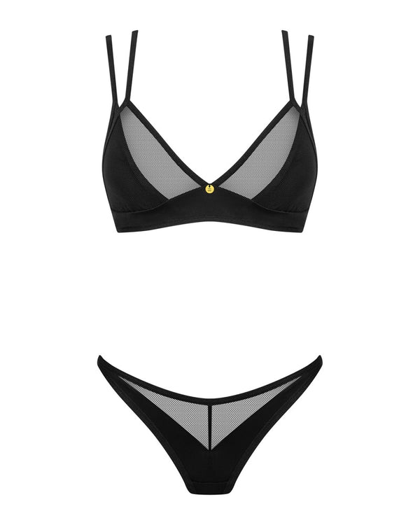 Schwarzes Set Nesari aus Stretchmaterial und Netz mit Schmuckelement von Obsessive – Ansicht 3
