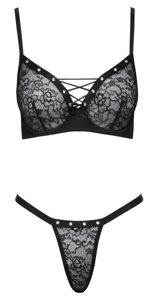 Schwarzes BH- und Riostring-Set aus Spitze mit Ösen und Zierschnürung von Cottelli – Ansicht 6