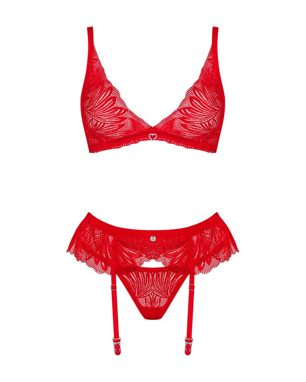 Rotes 3-teiliges Set Chilisa aus feiner Blütenspitze mit Strapsgurt von Obsessive – Ansicht 3