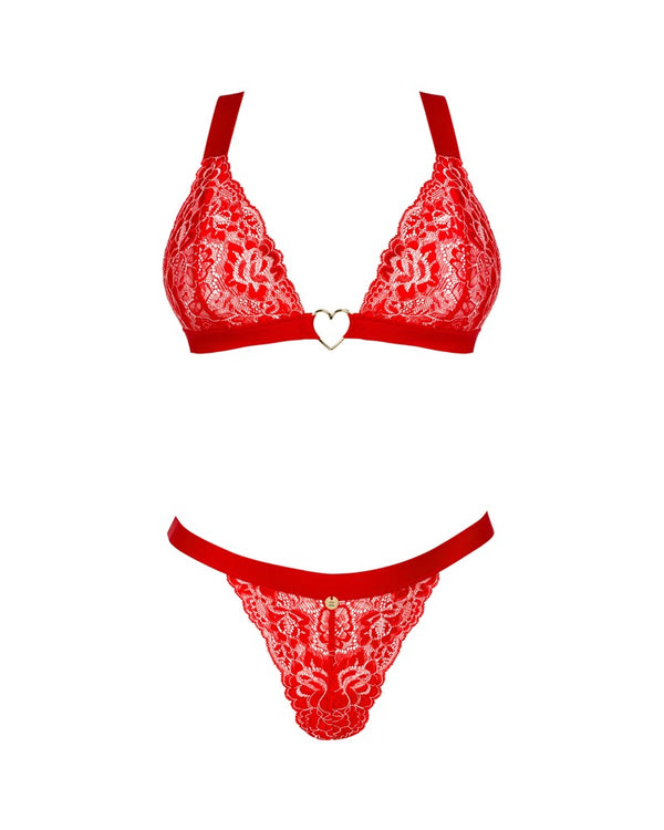 Rotes Set Elianes aus Blütenspitze mit Stretchriemen und goldfarbenen Details von Obsessive – Ansicht 3