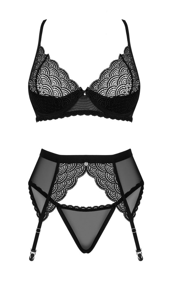 Schwarzes 3-teiliges Straps-Set Chemeris aus Stretchtüll und Effektspitze von Obsessive – Ansicht 4