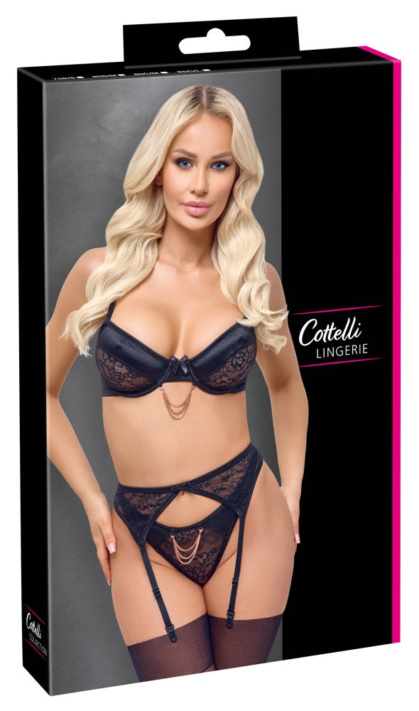 Schwarzes BH-Set aus Stretch-Spitze und Satin mit abnehmbarem Kettchenbesatz von Cottelli