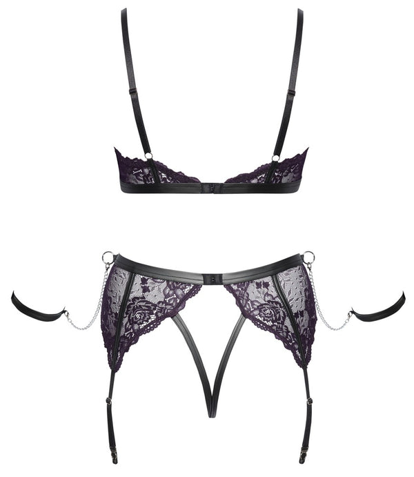 Dunkellila Straps-Set aus Soft-BH, Straps-String und Armfesseln mit Mattlook-Details von Cottelli BONDAGE – Ansicht 8