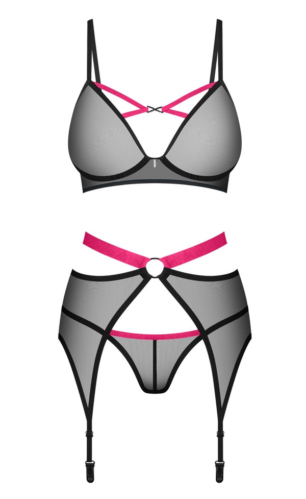 Schwarzes 3-teiliges Straps-Set Novenes mit Soft-BH, Strapsgürtel und V-String von Obsessive – Ansicht 3