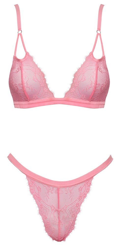 Neonpinkfarbenes Dessous-Set aus Wimpern-Blütenspitze mit Samtbändern von Fantasy by Cottelli – Ansicht 4