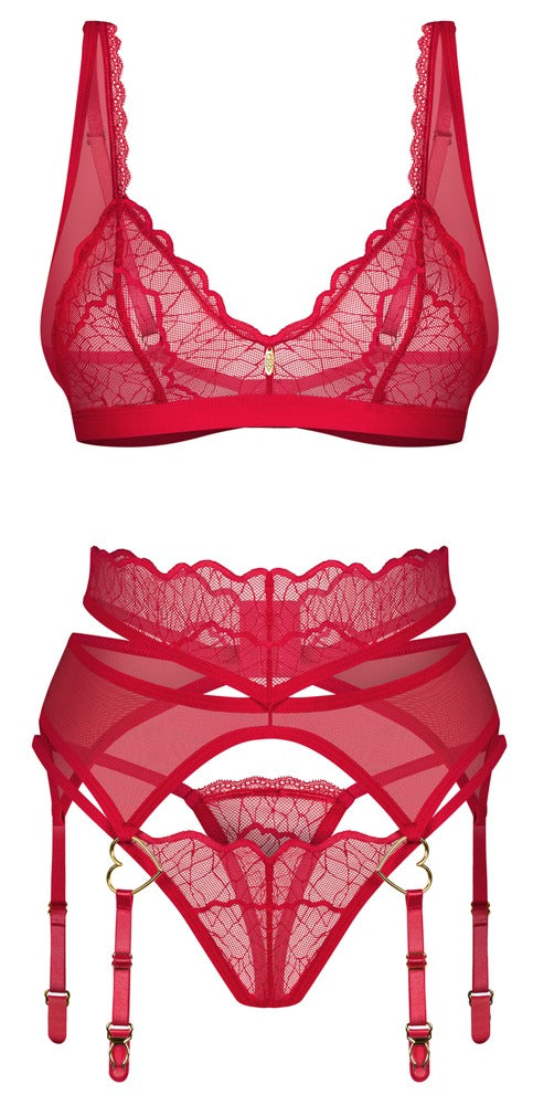 Rotes 3-teiliges Set Cupide Desir mit BH, Strapsgürtel und String von Obsessive – Ansicht 5