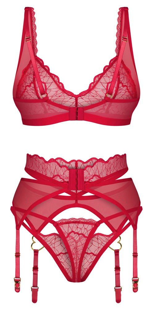 Rotes 3-teiliges Set Cupide Desir mit BH, Strapsgürtel und String von Obsessive – Ansicht 6