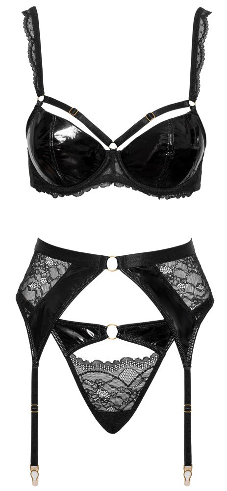 Schwarzes verführerisches Straps Set mit Lack und Spitze von Cottelli LINGERIE – Ansicht 6