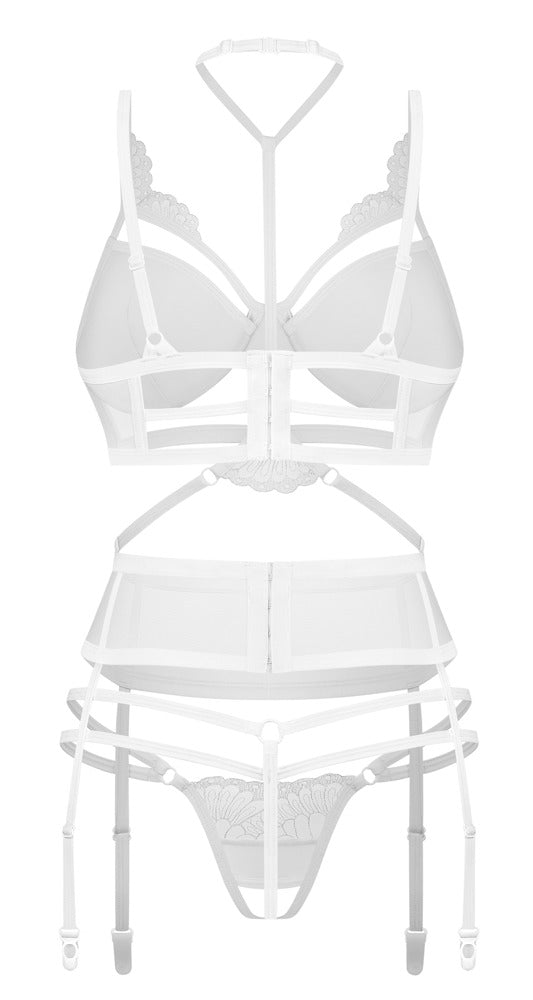 Weißes Set Premisis mit Bügel-BH, Strapsgürtel und Ouvert-String von Obsessive – Ansicht 5
