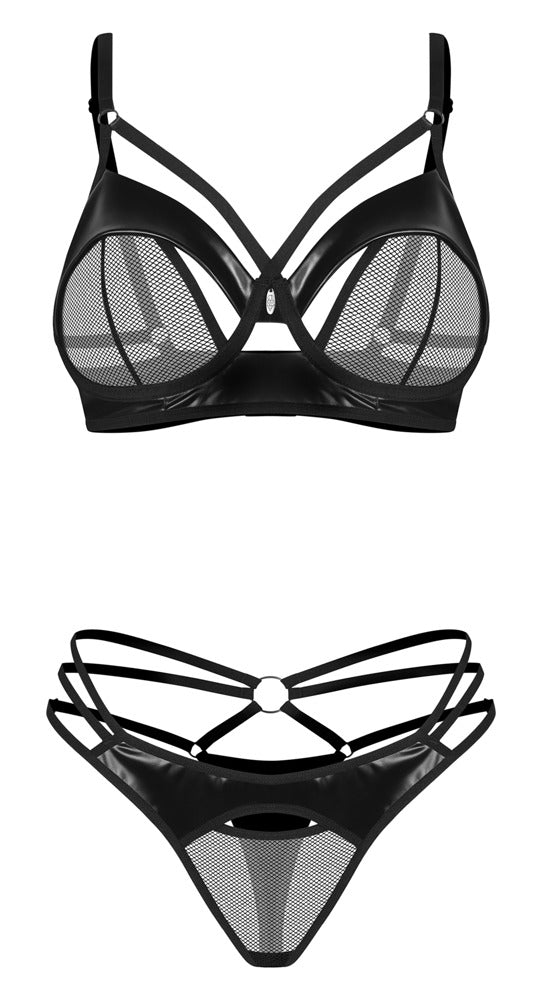 Schwarzes Set Dominna mit Bügel-BH und Riostring im Netz-Wetlook-Mix von Obsessive – Ansicht 3