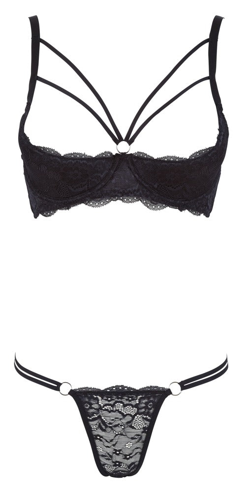 Schwarze Hebe und String aus feiner Spitze mit silberfarbenen Ringen von Cottelli – Ansicht 8