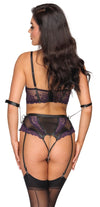 Lila-schwarzes Set aus Longline-Hebe und Straps-Slip mit Handfesseln im Burlesque-Style von Cottelli BONDAGE – Ansicht 6