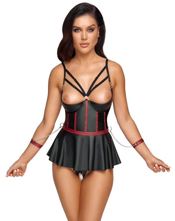 Schwarzes Ouvert-Set aus Longline-Hebe mit Volant, String und Armfesseln von Cottelli BONDAGE – Ansicht 2