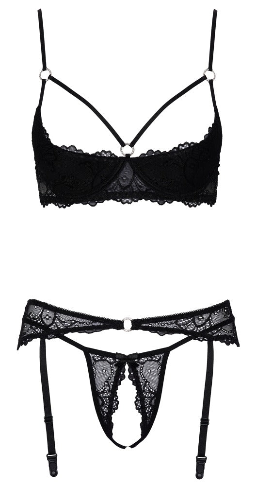 Schwarzes Hebe-Set aus Stretch-Spitze mit Glitzerringen und String ouvert von Cottelli – Ansicht 7