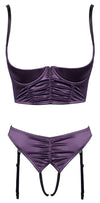 Lilafarbenes Longline-Hebe-Set aus Stretch-Satin in Raff-Optik mit Straps-Slip von Cottelli – Ansicht 5