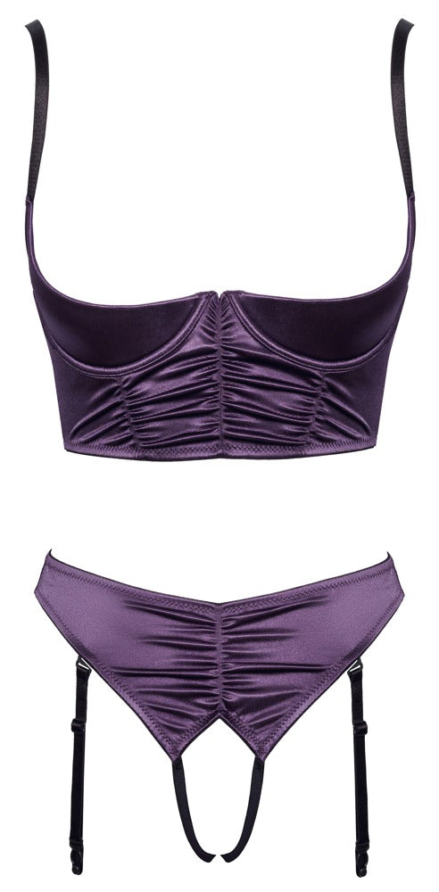 Lilafarbenes Longline-Hebe-Set aus Stretch-Satin in Raff-Optik mit Straps-Slip von Cottelli – Ansicht 5