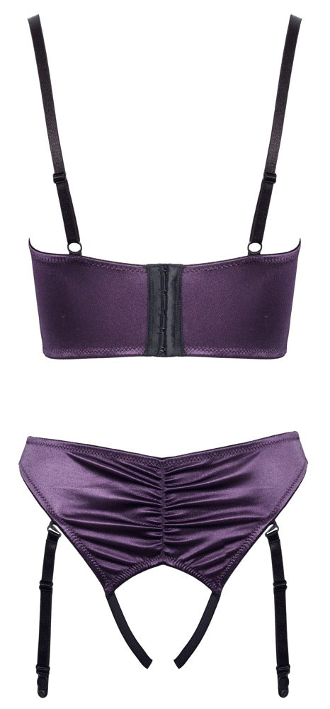 Lilafarbenes Longline-Hebe-Set aus Stretch-Satin in Raff-Optik mit Straps-Slip von Cottelli – Ansicht 6