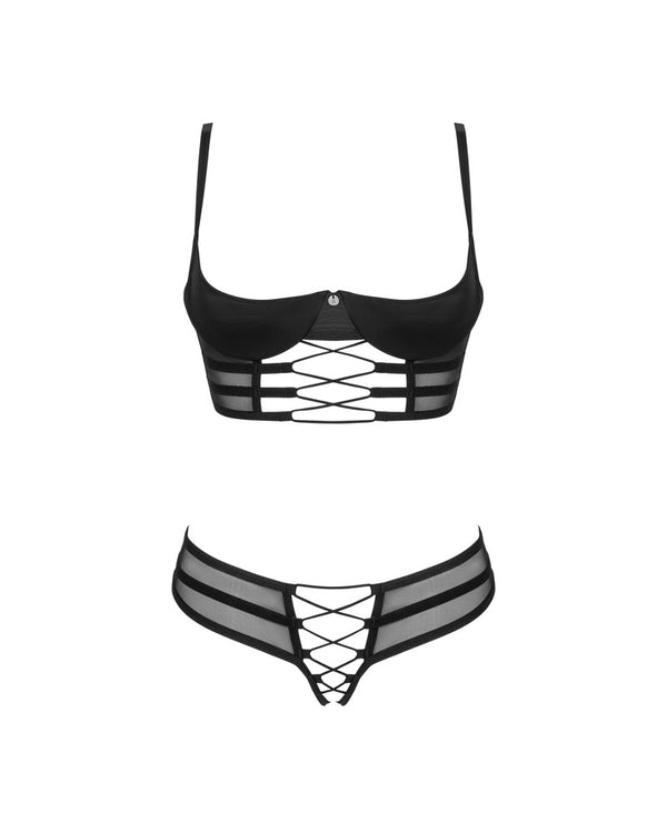 Schwarzes Set Roxelia mit Longline-Hebe und Riostring ouvert aus Tüll von Obsessive – Ansicht 3