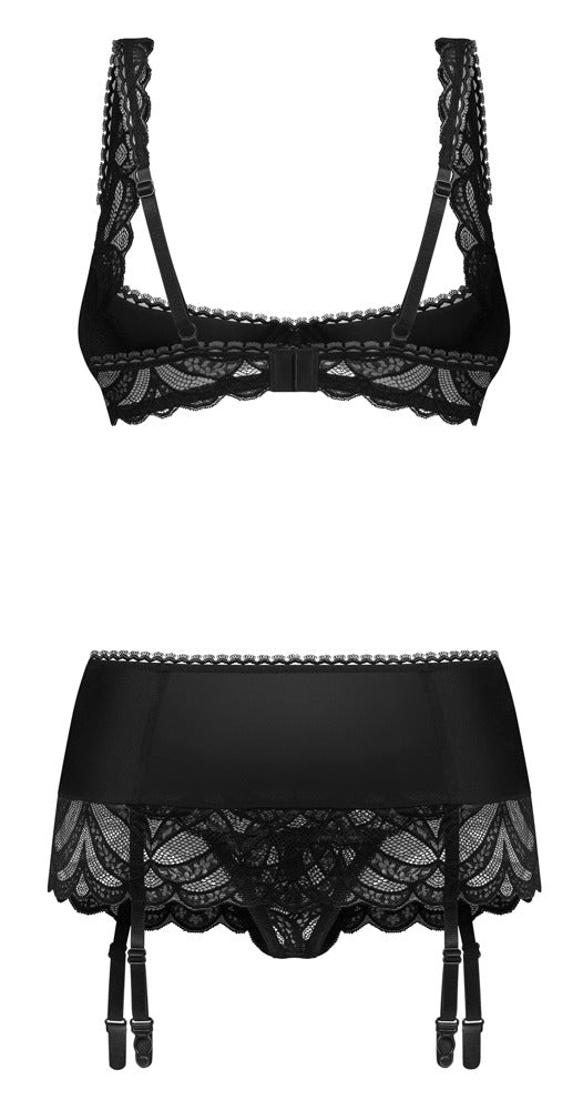 Schwarzes 3-teiliges Set Lecille mit Bügel-Hebe, Strapsgürtel und String ouvert von Obsessive – Ansicht 6