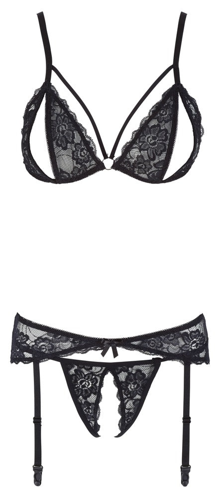 Schwarzes 3-teiliges Strapsset aus Blütenspitze mit Riemchen-BH von Cottelli – Ansicht 5