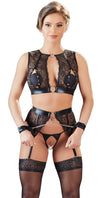 Schwarzes 3-teiliges Wäsche-Set ouvert mit Spitze, Wetlook und Handfesseln von Cottelli BONDAGE – Ansicht 8