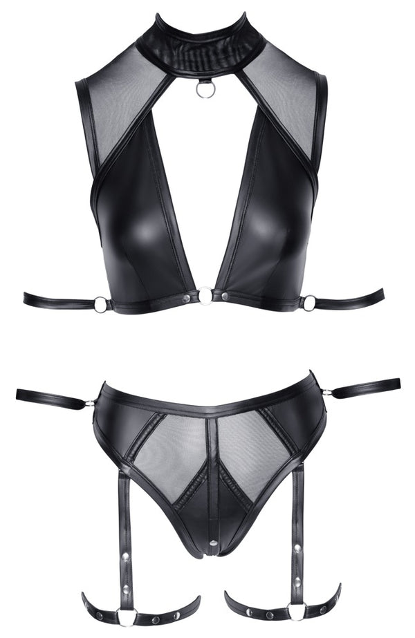 Schwarzes Set aus Top und Slip im Mattlook mit Powernet-Einsätzen von Cottelli BONDAGE – Ansicht 5