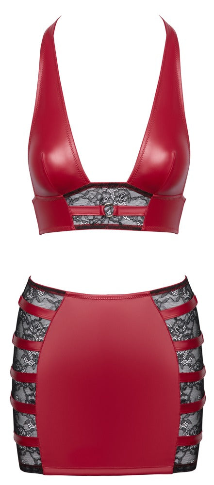 Rotes Set aus Wetlook-Top und Minirock mit Spitze und Ringen von Cottelli PARTY – Ansicht 7