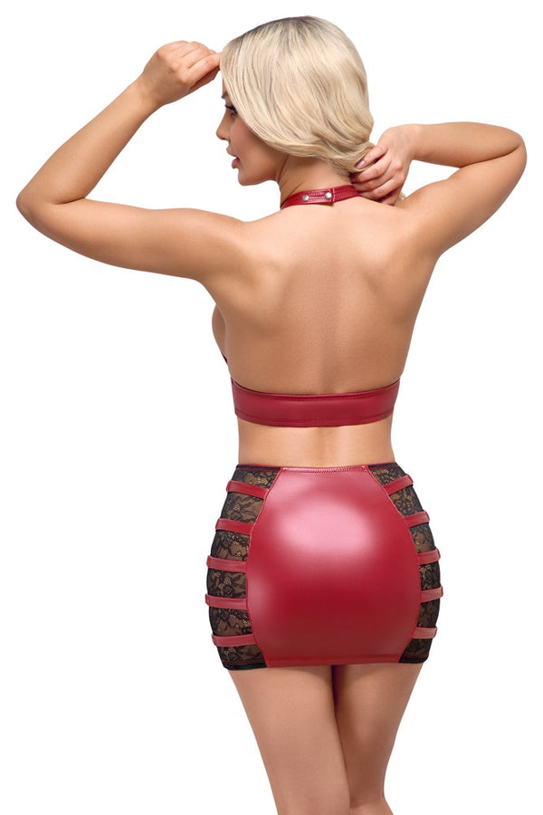 Rotes Set aus Wetlook-Top und Minirock mit Spitze und Ringen von Cottelli PARTY – Ansicht 4