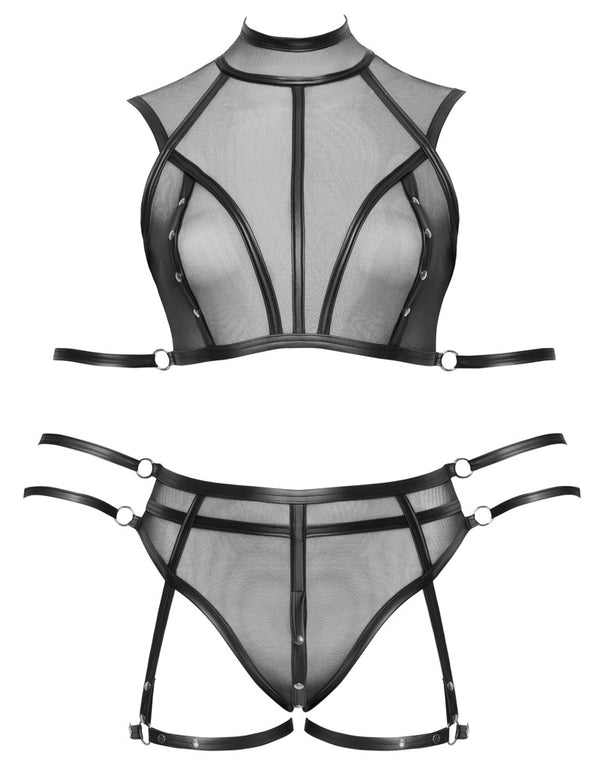 Schwarzes Set aus Top, Straps-Slip und sechs soften Armfesseln aus Powernet und Mattlook von Cottelli BONDAGE – Ansicht 8