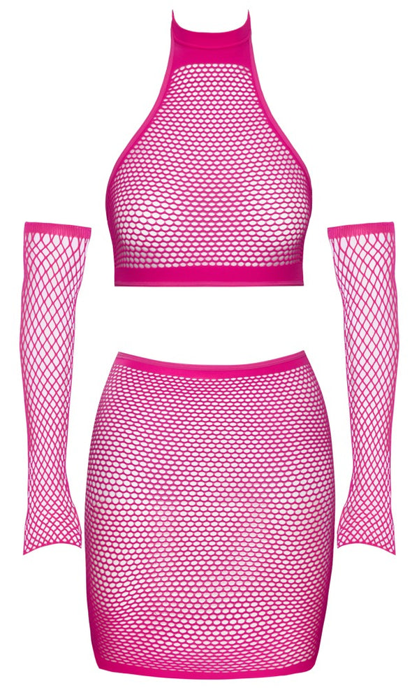 Pinkfarbenes Netz-Set mit Top, Minirock und Armstulpen von Fantasy by Cottelli – Ansicht 5